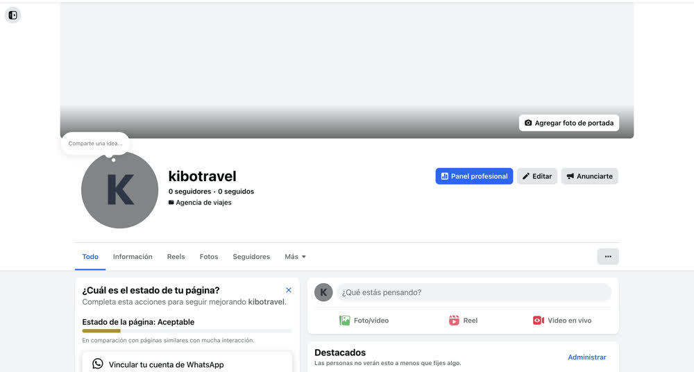Página de Facebook de Kibo Travel antes