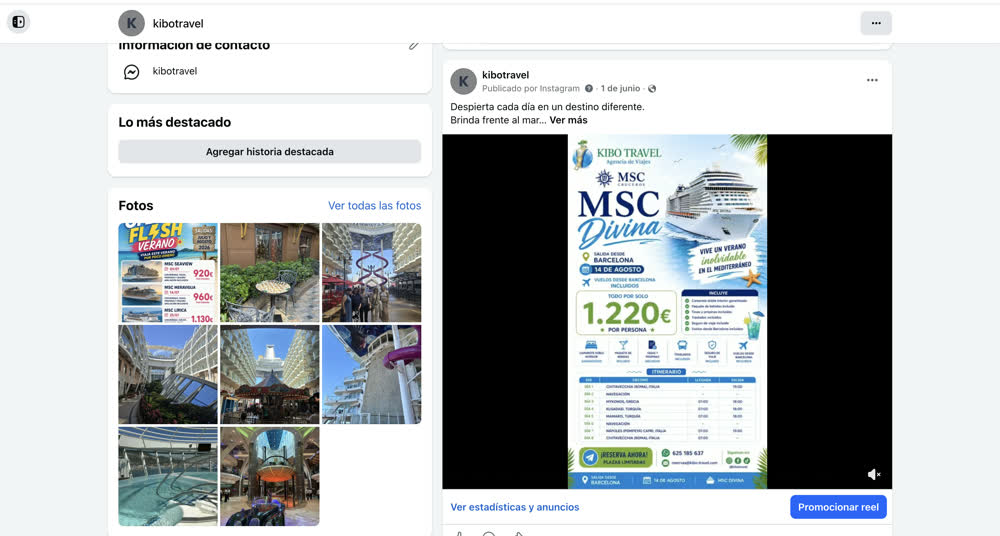 Página de Facebook de Kibo Travel antes