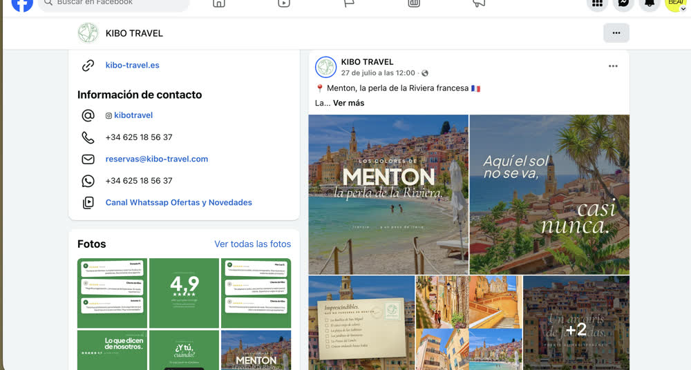 Página de Facebook de Kibo Travel después
