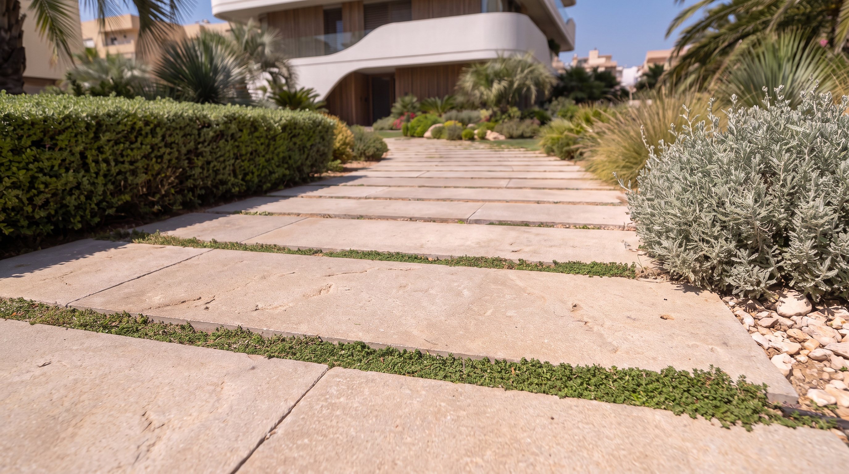 Camino de losas entre arbustos mediterráneos en el jardín de Ona