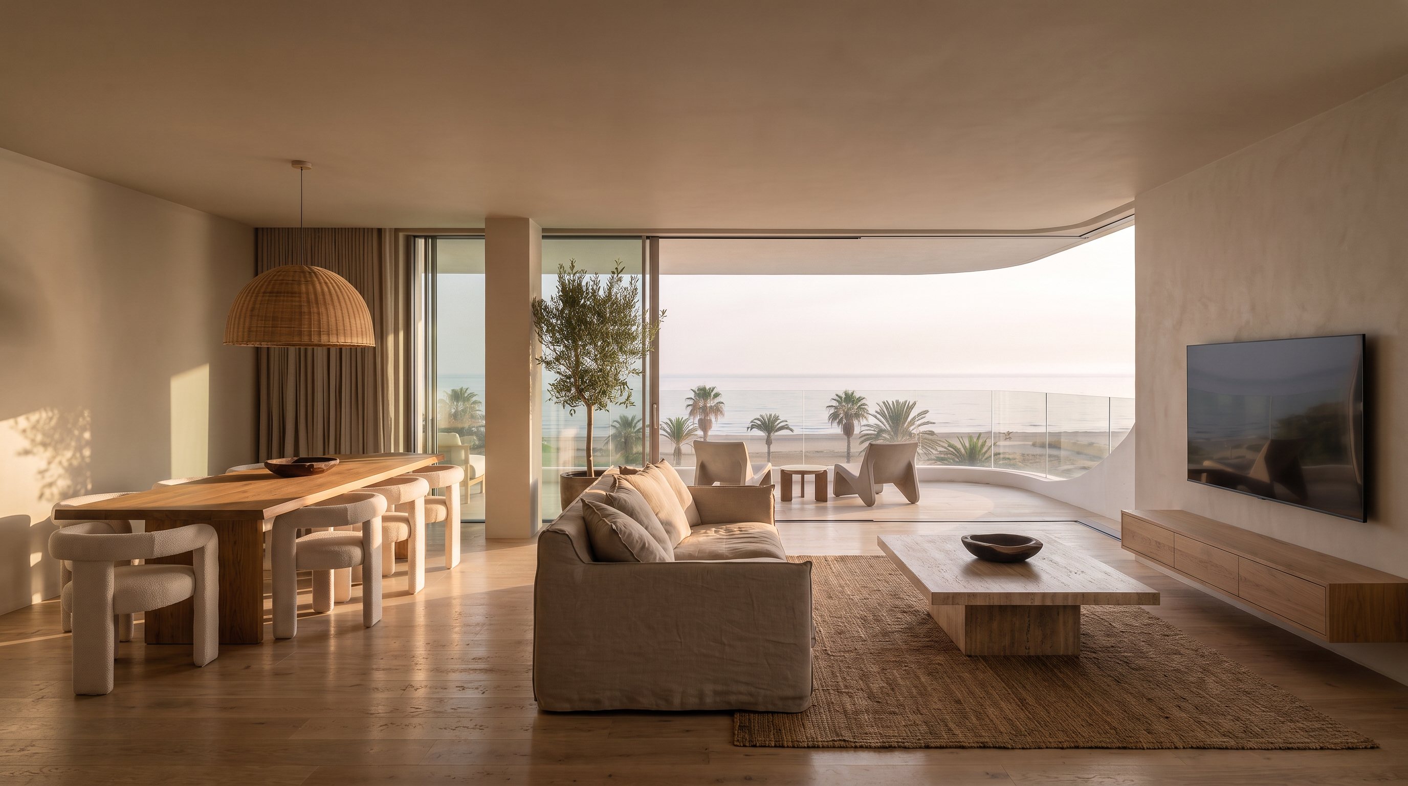 Salón comedor con mesa de madera y la terraza abierta al mar